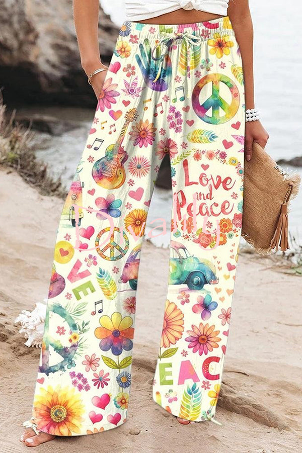 Colorful Printed Elastic Waist Drawstring Pocket Casual Pants