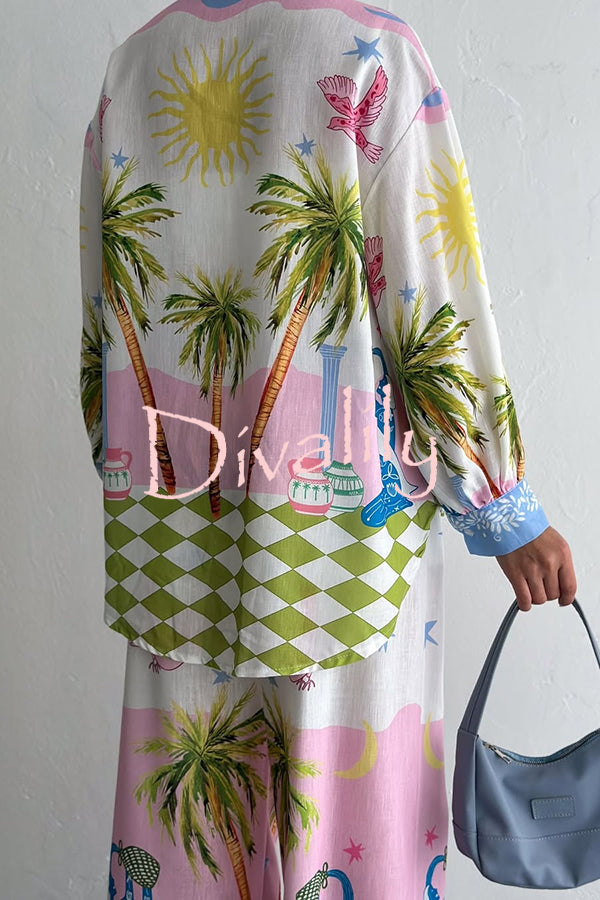 Holiday Style Print Loose Long Sleeve Shirt and Elastic Waist Loose Pocket Wide Leg Pants Set