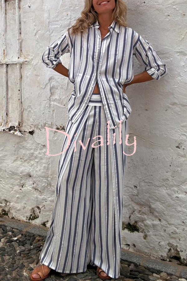 Gian Striped Print Loose Shirt and Back Elastic Waist Slit Pants Set