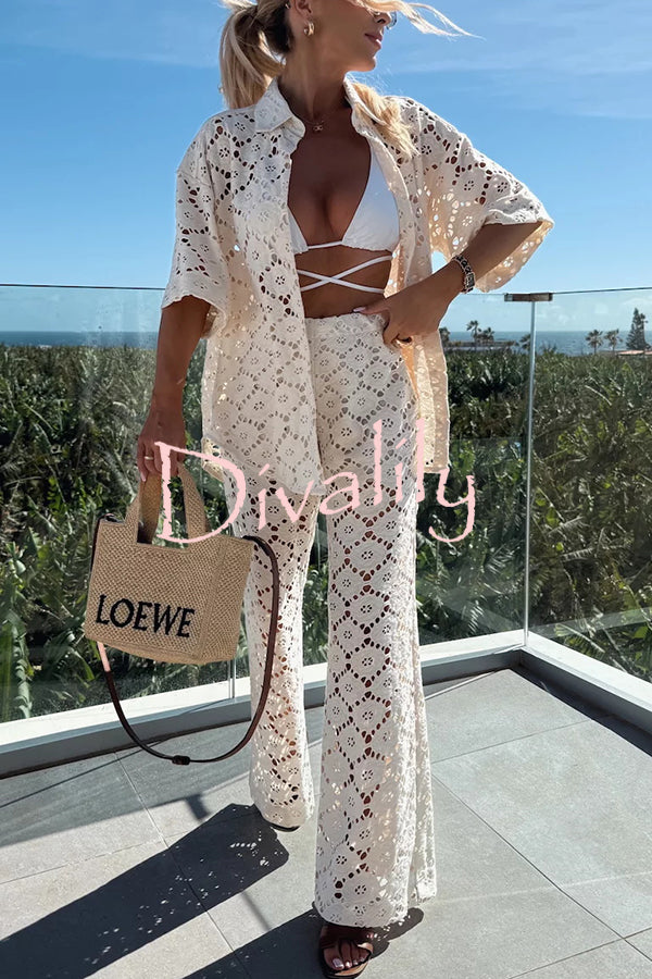 Holiday Crochet Flowers Lace Short Sleeve Shirt and Elastic Waist Wide Leg Pants Set