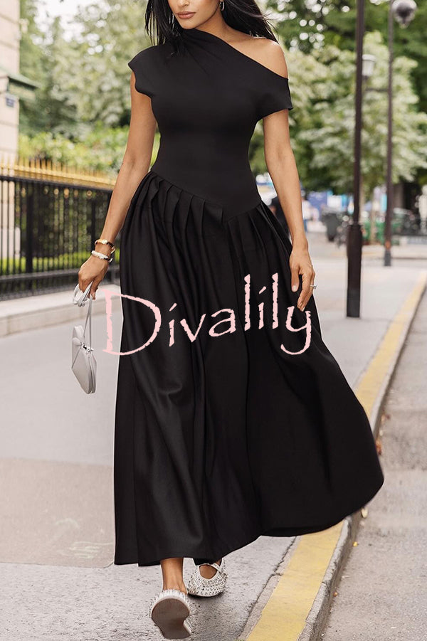 Fashionable Slope Neck Slim Fit Large Hem Maxi Dress