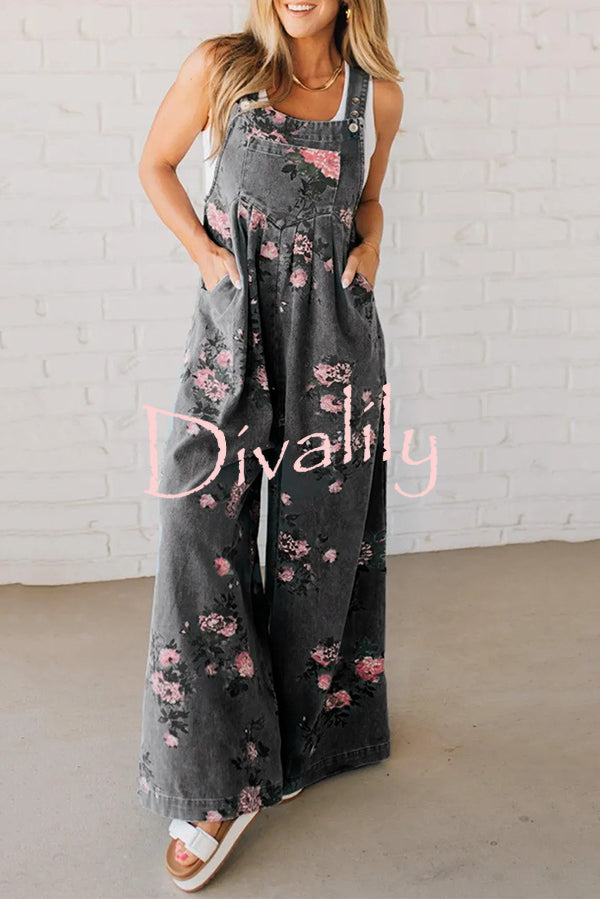 Fashion Floral Print Casual Button Pocket Loose Denim Overalls