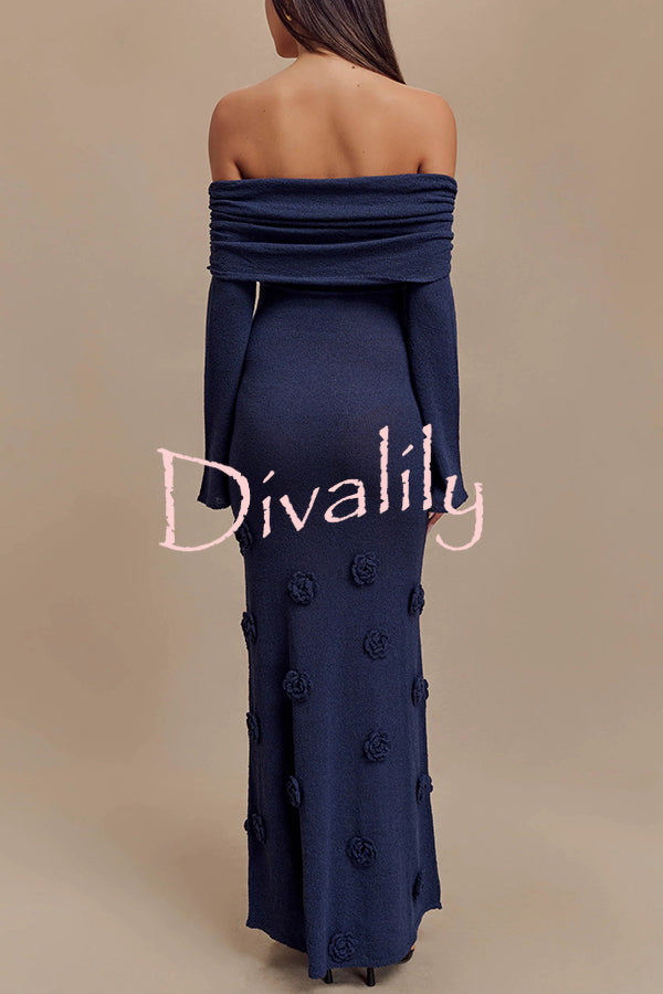 Timeless Sophistication Knit Off Shoulder Rose Detail Stretch Maxi Dress