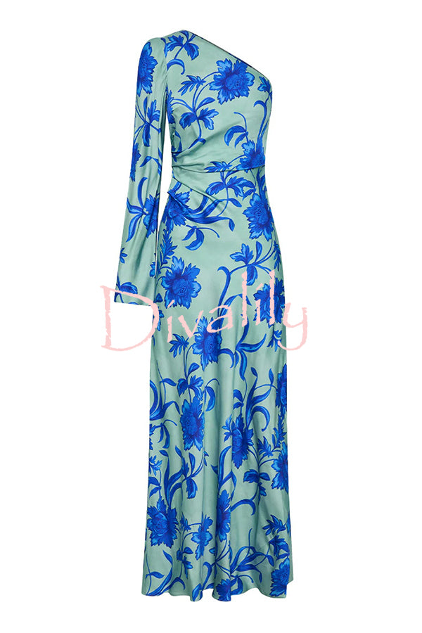 Satin Botanical Print One-Sleeve Resort Maxi Dress