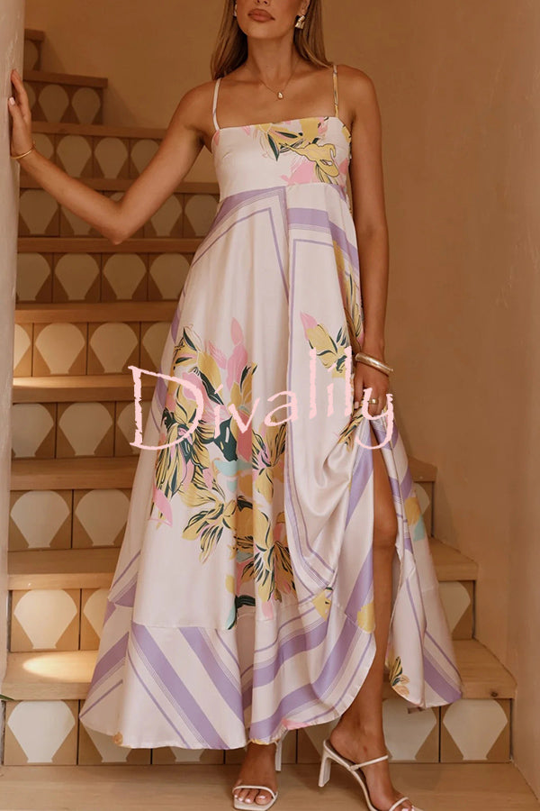 Botanical Print Square Neck Suspender Casual Full Hem Maxi Dress