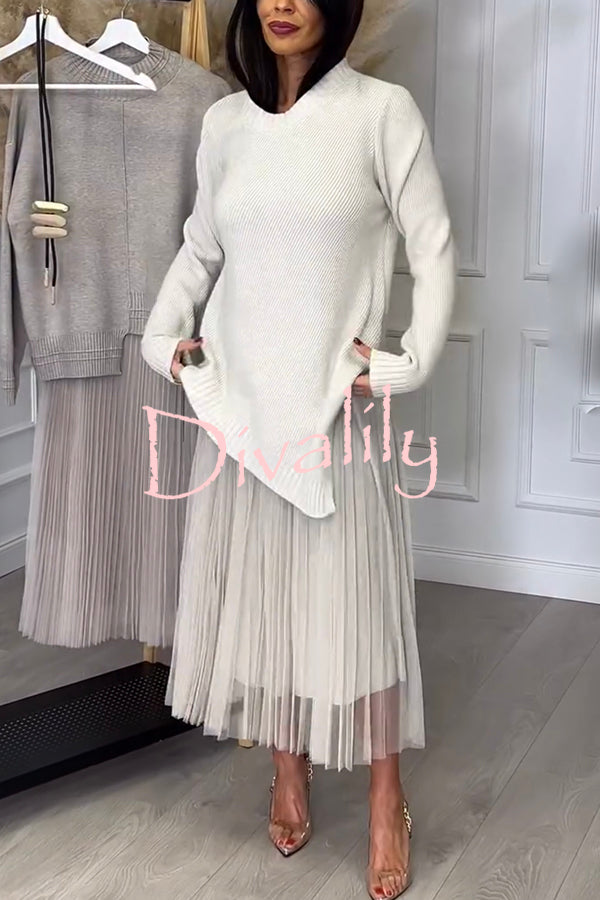 Jensine Ribbed Knit Irregular Loose Sweater and Pleated Tulle Tank Midi Dress Two-piece Set