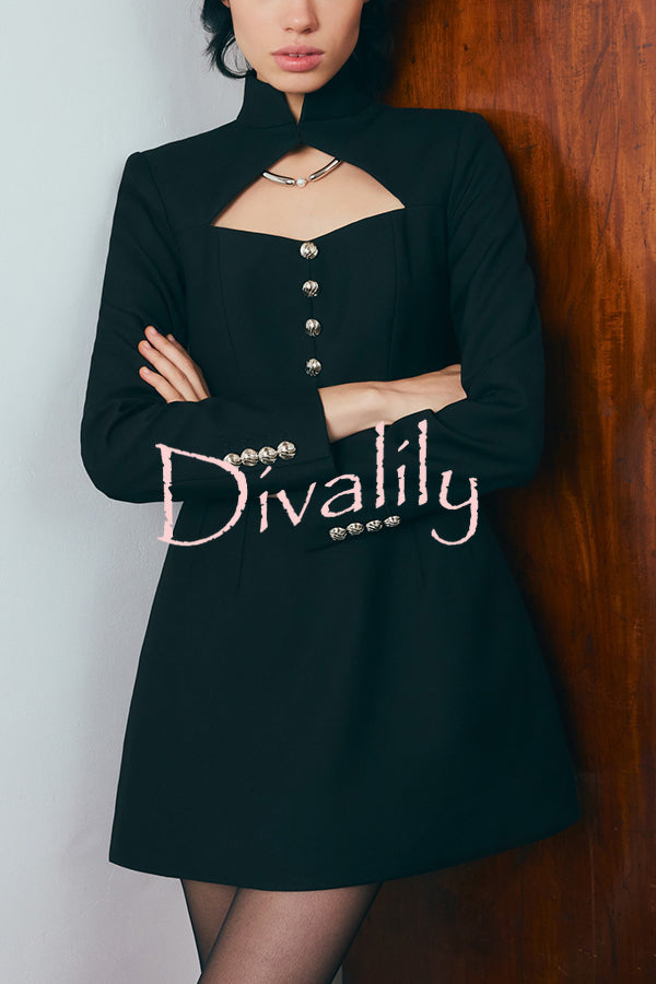 Elegant Long-sleeved Hollowed-out Button-down Slim-fit Mini Dress