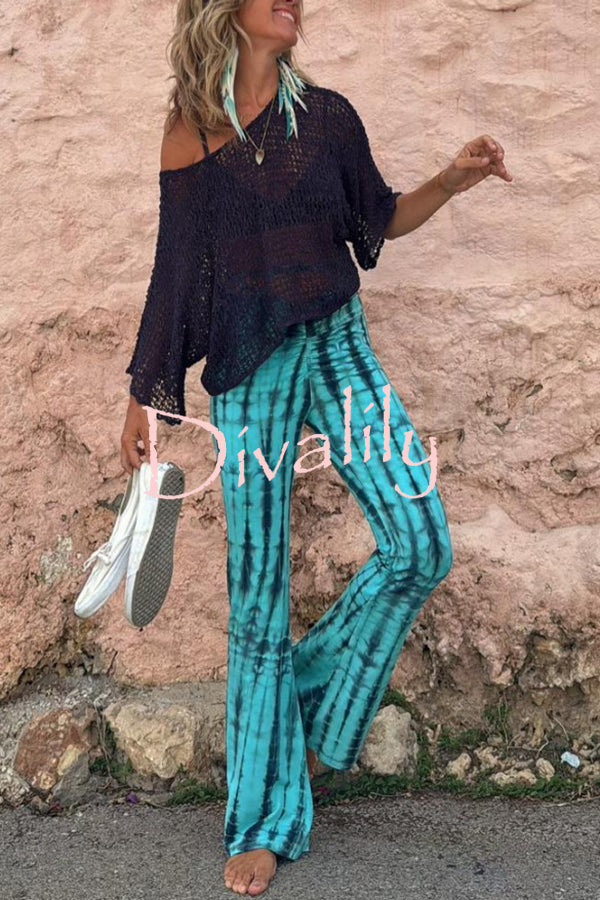 Balvin Tie Dye Print Ruched Lace-up Waist Stretch Flare Pants
