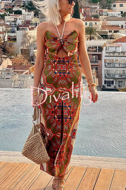 Rosalyn Unique Print 3D Butterfly Cutout Tassle Strap Halter Maxi Dress