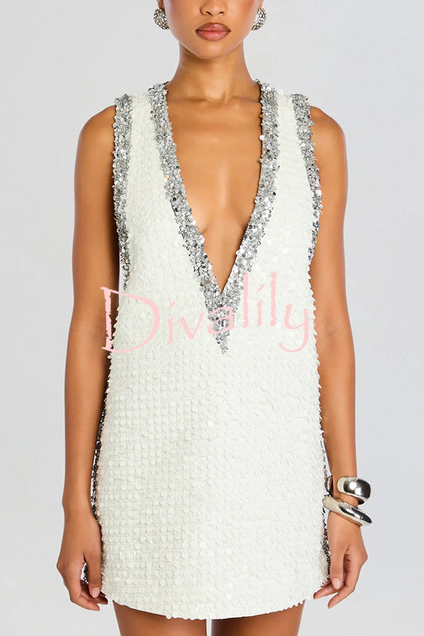 Cocktail Charm Sequin Colorblock Trim V-neck Sleeveless A-line Mini Dress