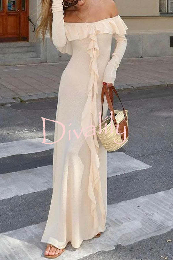 Darling Way Knit Off Shoulder Long Sleeve Drape Ruffles Slit Stretch Maxi Dress