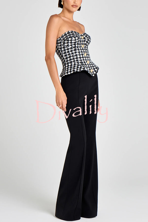 Maya Check Bouclé-tweed Fabric Sweetheart Neck Gold Button Strapless Tank