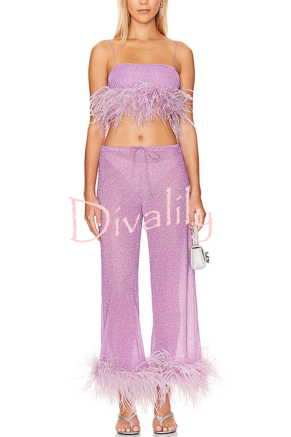 Music Carnival Glitter Stretch Fabric Feather Trim Tank and Elastic Waisted Flared Pants Set