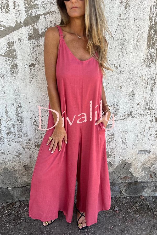 Linen Blend Solid Color Suspenders Loose Pockets Casual Wide-leg Jumpsuit