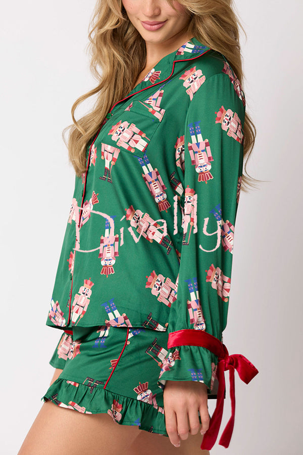 Christmas Fashion Printed Bow Tie Top and Elastic Waist Ruffle Shorts Set