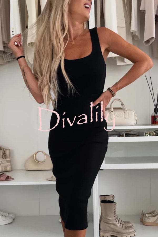 Comfort and Femininity Knit Ribbed Tank Slit Stretch Midi Dress