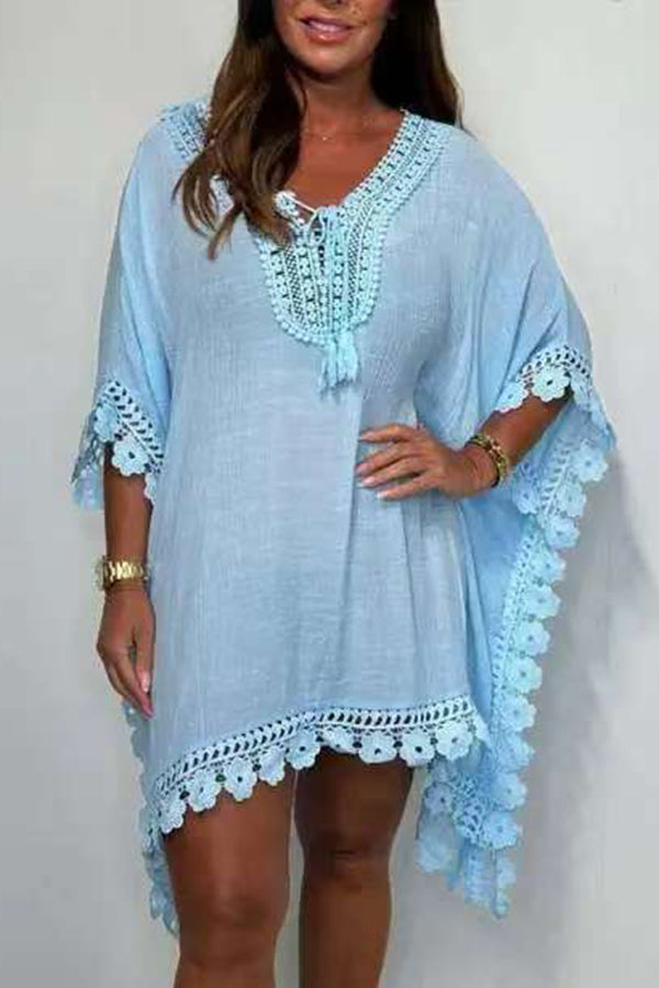 Solid Color Casual Lace Loose Cover Up Mini Dress