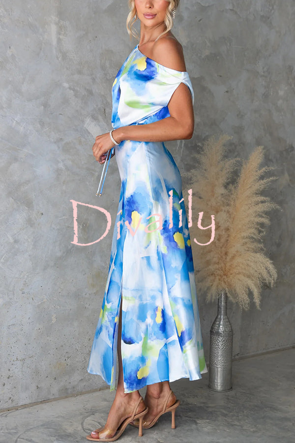 Satin Unique Print One Shoulder Tie Waist Slit Maxi Dress