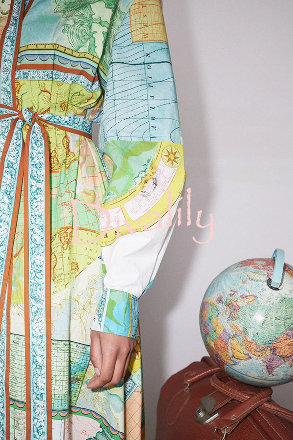 Travel Around The World Unique Print Balloon Sleeve Belt Shirt Midi Dress