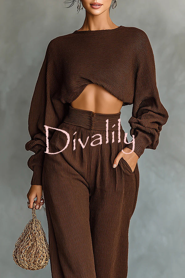 Solid Color Textured Fabric Round Neck Long-sleeved Top + High Waist Casual Pocket Wide-leg Pants Set
