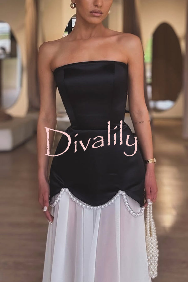 Jiya Satin Petal Hem Pearl Detail Chiffon Cape Strapless Maxi Dress