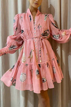 Unique Print Single Breasted Balloon Sleeve Tie Waist Ruffled Mini Dress
