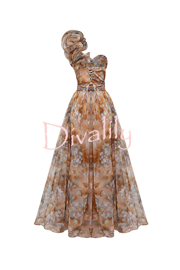 Romantic Ball Chiffon Floral One-shoulder Pleated Design Back Lace-up Gown Maxi Dress
