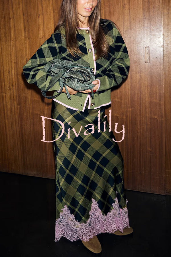 Holiday Plaid Knit Color-blocked Trim Button Long-sleeved Loose Cardigan