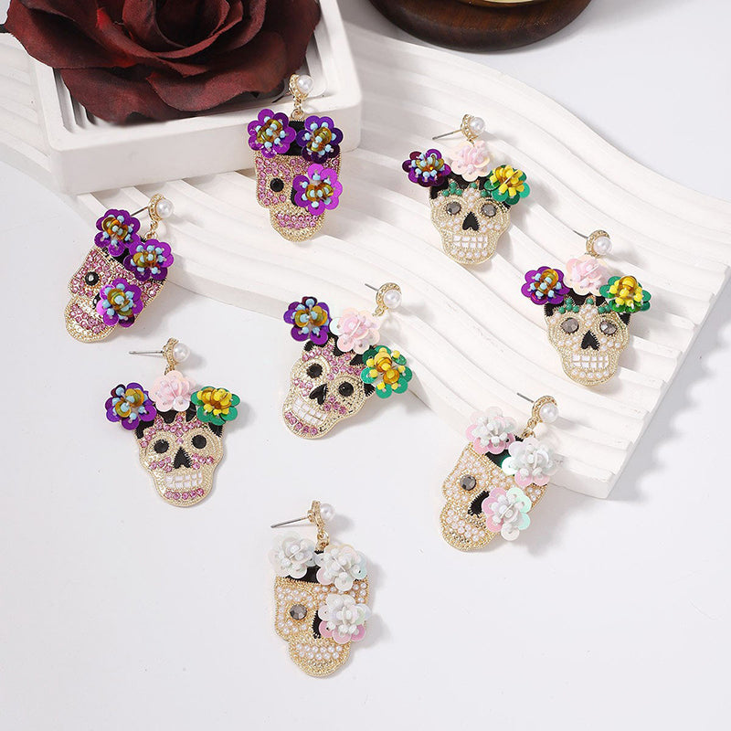 Fashion Flower Skull Diamond Earrings