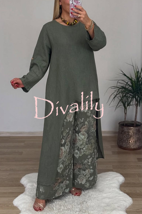 Linen Blend Crew Neck Long Sleeve Irregular Loose Top and Elastic Waist Floral Print Casual Pocket Set