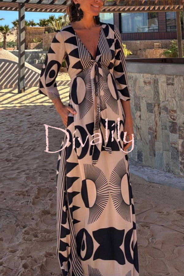 Unique Print V-Neck Tie Loose Pocket Casual Maxi Dress