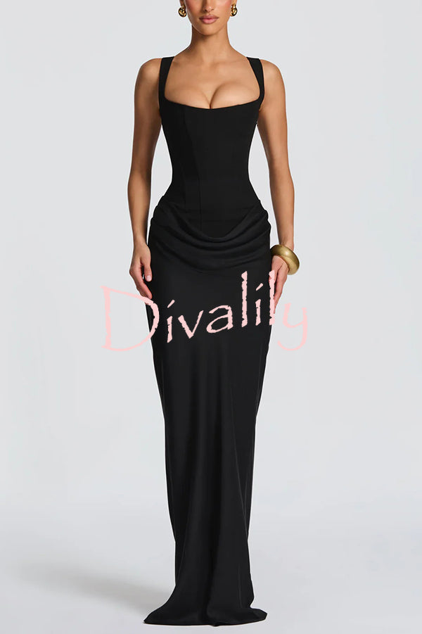 Larrah Square Neck Back Lace-up Satin Drape Hem Maxi Dress