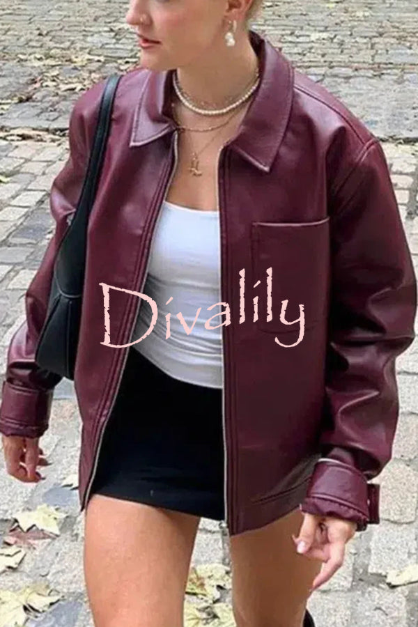 Y2K Burgundy Faux Leather Pocketed Zipper Loose Jacket