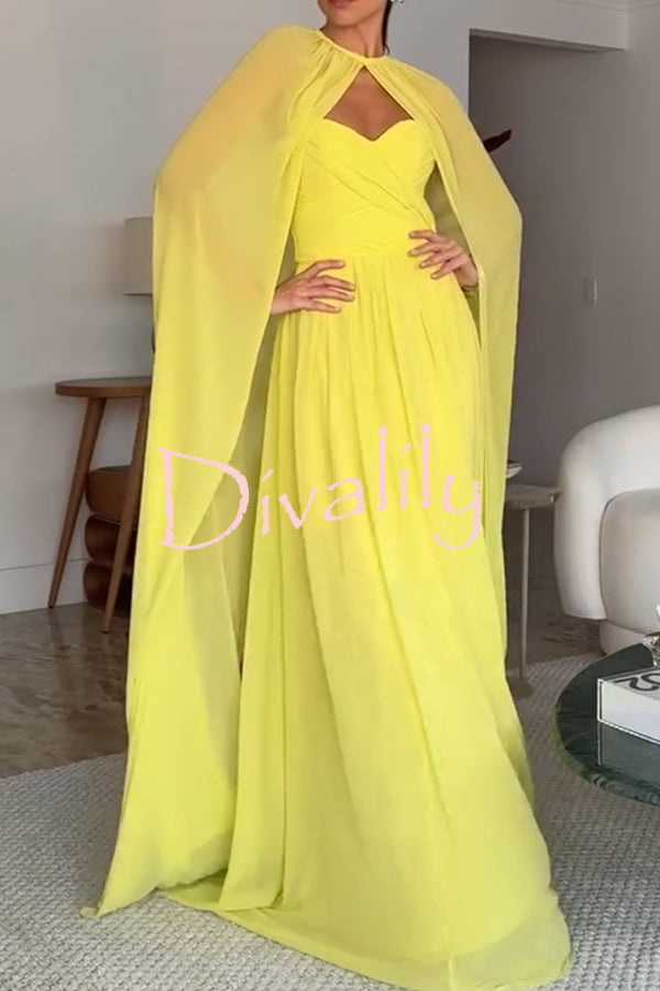 Romantic Party Chiffon Off Shoulder Sweetheart Neck Ruched Cape Maxi Dress