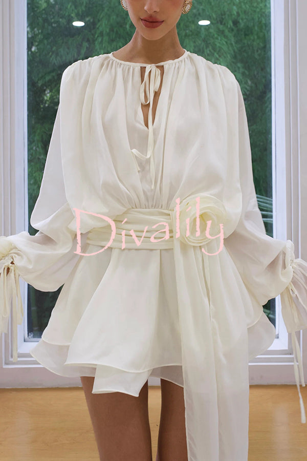 Solid Color Long Sleeve V-Neck Lace-Up Elegant Flower Decorated Mini Dress
