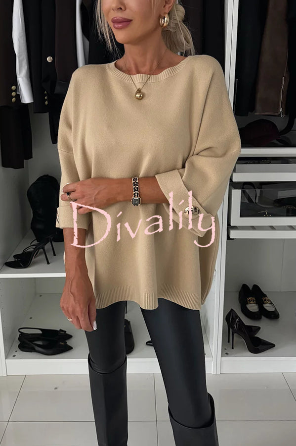 Elegance and Modern Knit Button Detail Half Sleeve Loose Sweater