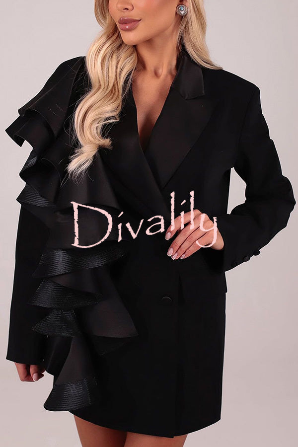 Perfect Party Satin Ruffles Button Up Long Sleeve Lapel Blazer