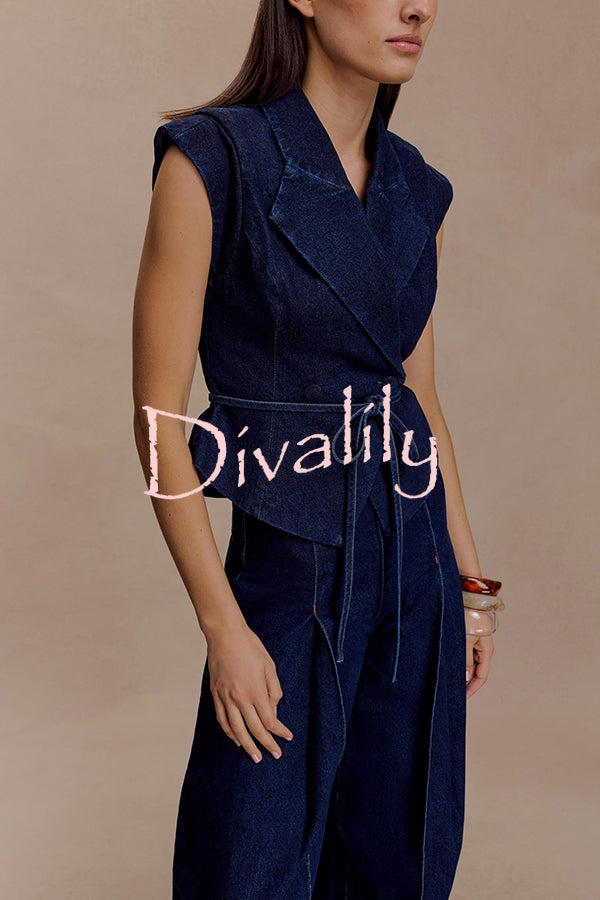 Charley Denim Button Up Cap Short Sleeve Structured Tie-up Lapel Top