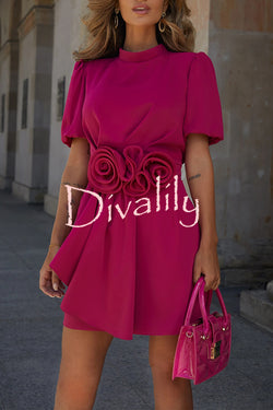 Sweet Surprise Puff Sleeve Rose Ruffles Detail Waist Backless Mini Dress