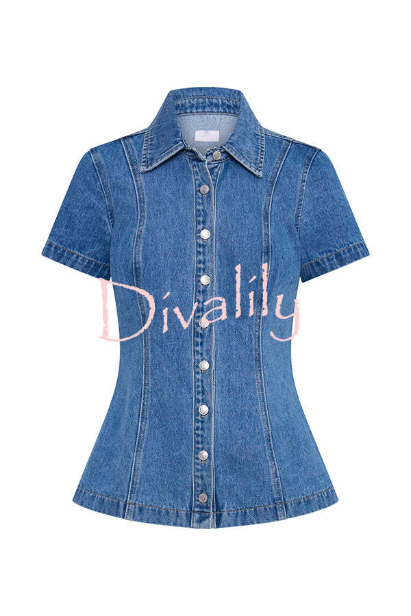 Modern Flavor Denim Short Sleeve Button Up Princess Seams Stretch Top