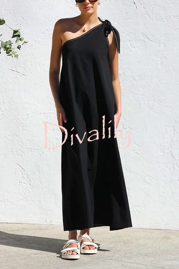 Solid Color One-shoulder Strappy Elegant Sloping Collar Loose Maxi Dress