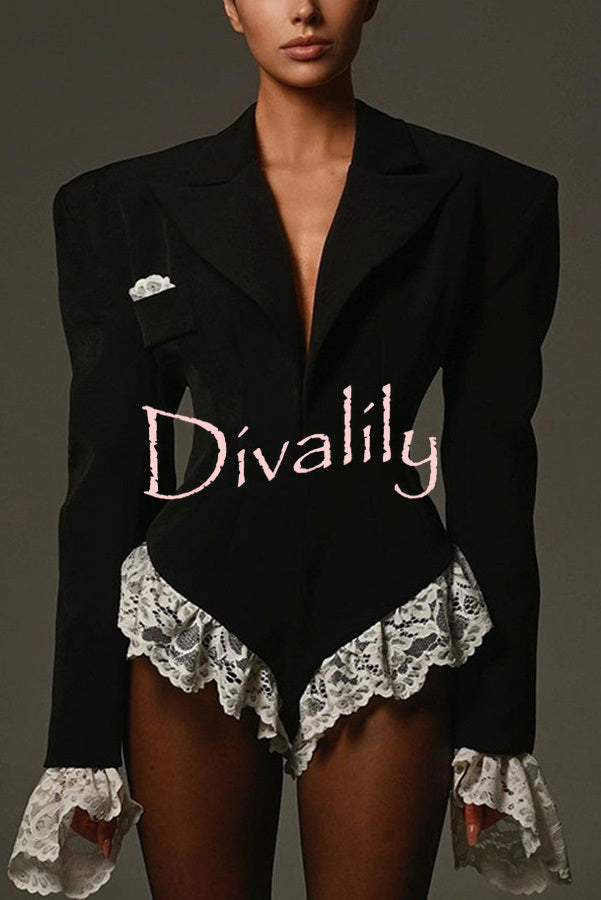 Full of Design Lace Trim Long Sleeve Lapel Blazer Romper