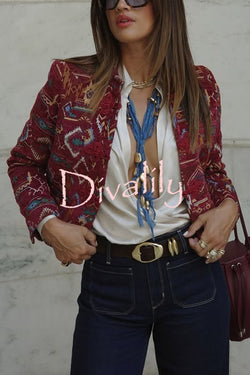 Vintage Bohemian Printed Chinese Style Buttons Long Sleeve Crop Jacket