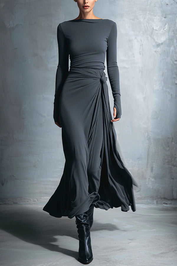Solid Color Long-sleeved Slim-fit Knot Decoration Maxi Dress