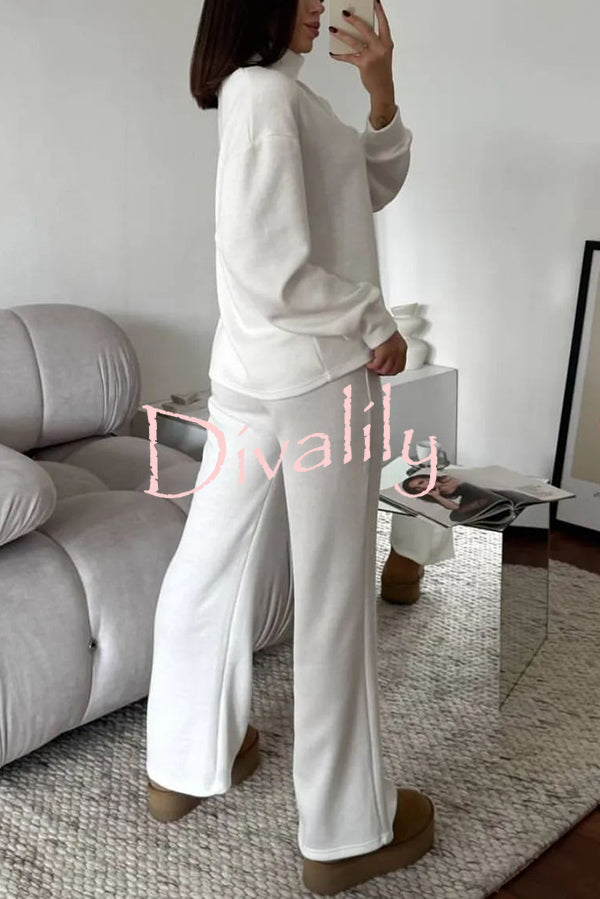 Solid Color Casual Knitted High Neck Long Sleeve Top and Elastic Waist Loose Pants Set