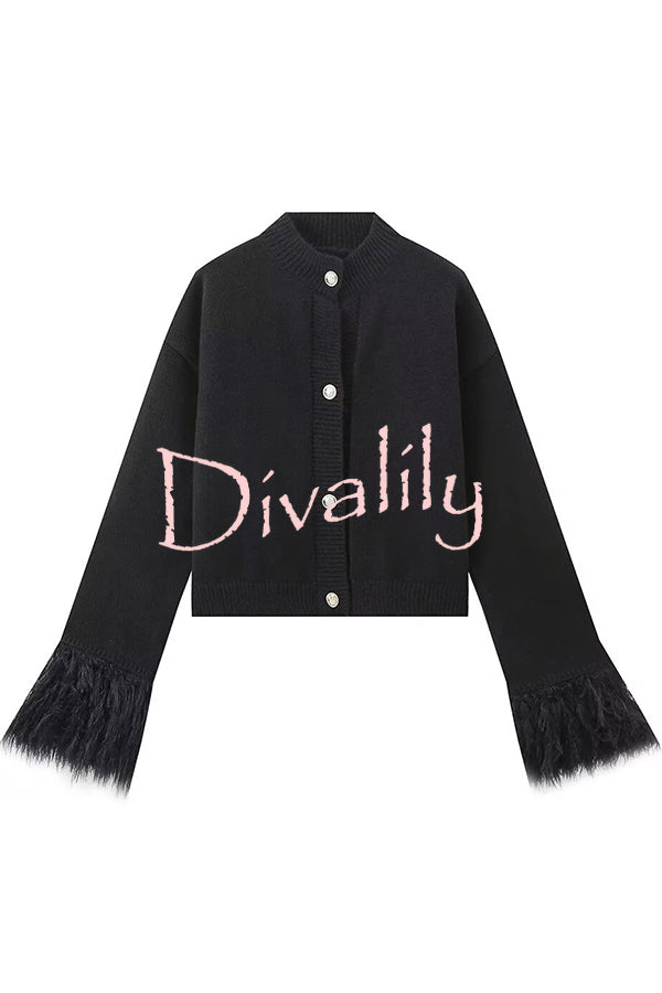 Solid Color Elegant Feather Long Sleeve Casual Knitted Cardigan