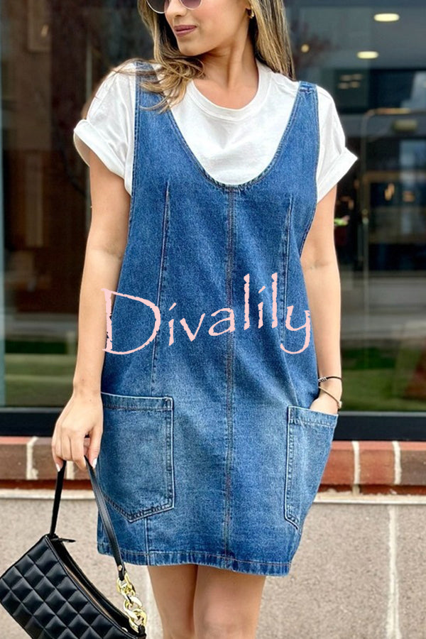 Solid Color Sleeveless V-neck Pocket Adjustable Denim Suspender Mini Dress