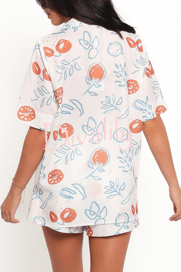 Graffiti Fruit Print Lapel Tie Short Sleeve Top and Elastic Waist Loose Pocket Shorts Set