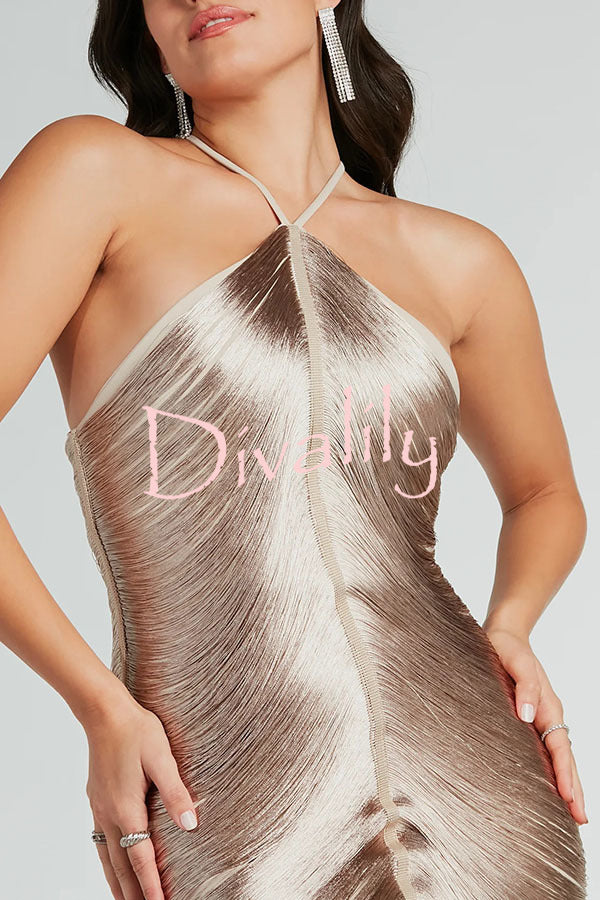 Sexy Allnight Metallic Halterneck Backless Fringed Slit Maxi Dress