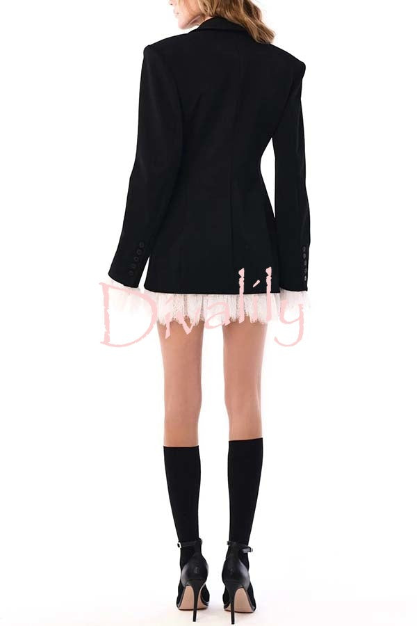 Cue The Chic Lace Trim Button Long Sleeve Lapel Blazer Mini Dress